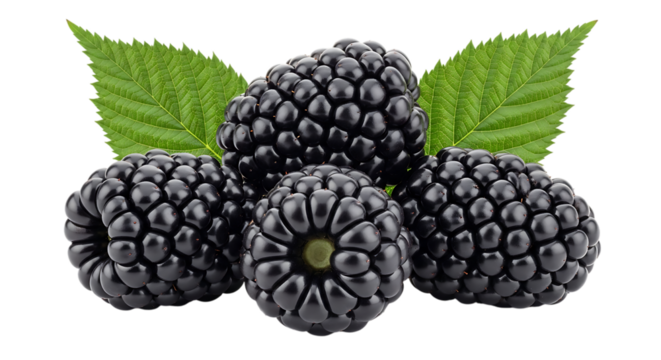Five Ripe Blackberries with Green Leaves, isolated on a white or transparent background, cutout, PNG