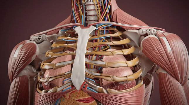 Anatomical illustration showing muscles, bones, and blood vessels of torso