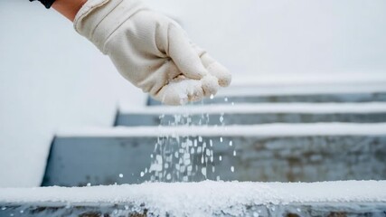 A person sprinkling rock salt on snowy steps in slow motion. De-icing icy stairs for winter safety and slip prevention