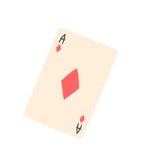 Flat poker card with red Ace of diamond on white background. Classic game element for table and board activities. Essential component of poker play and leisure casino strategy, iconic template for