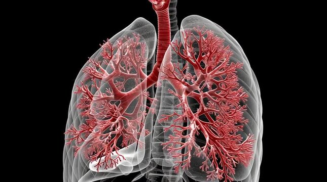 Anatomical view of human lungs and trachea on black background display