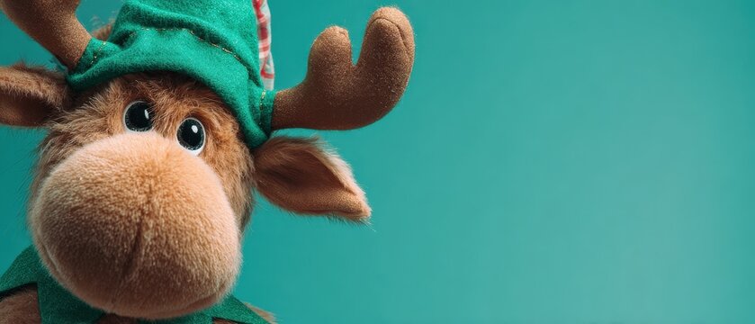 Cute plush reindeer toy wearing a green elf hat, looking festive and cheerful against a vibrant teal background Concept of Christmas, holidays, and winter celebration