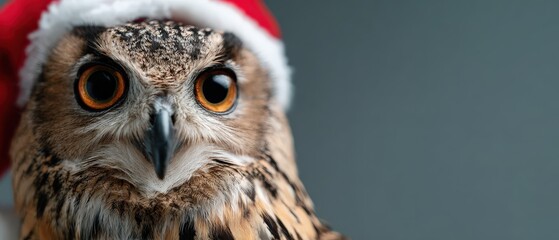 Fototapeta premium Closeup studio portrait of a majestic owl wearing a festive red Santa hat, looking directly at the camera with bright orange eyes Perfect for Christmas and holiday season concepts