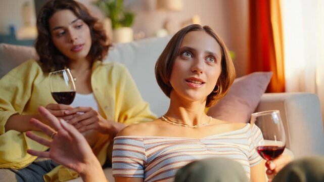 Domestic ladies holding goblets spending calm weekend in living room closeup.