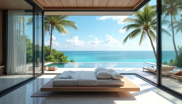 Modern bedroom with open balcony looks onto ocean infinity pool and blue sky. Tropical palm trees frame view of turquoise sea. Luxury villa offers relaxation and comfort.