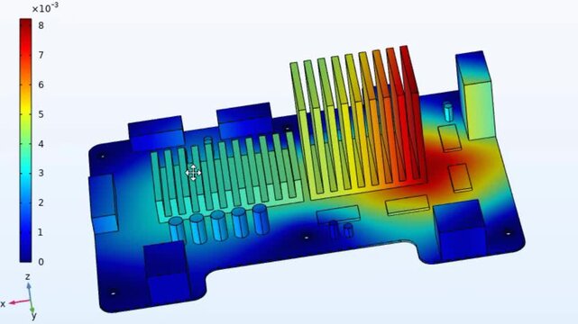 Video animation of computer 3d modeling of 
temperature analysis, mises stress on printed circuit
board of electronic device, pcb components
(capacitor, integrated circuit, radiator)
with rotation.