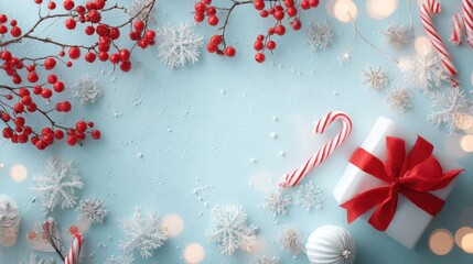 Festive christmas holiday flat lay with red berries snowflakes candy canes and gift box on blue background