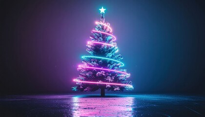 Glowing Christmas tree with neon lights spirals in dark room, creating festive and magical atmosphere