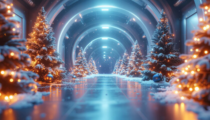 Fototapeta premium Snow covered Christmas trees with glowing lights line futuristic hallway, creating magical winter wonderland