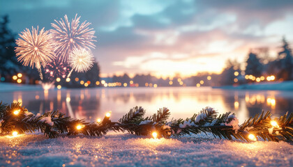 Festive fireworks light up winter sky over serene lake, with glowing string lights on snow covered pine branches