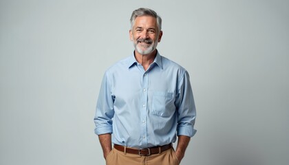 Mature man with gray hair and beard smiles confidently. He wears a light blue collared shirt and tan trousers. Man stands with hands in pockets against a plain gray background.