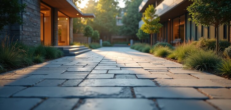 Grey paving stone path runs between modern buildings, rich green plants. Morning sunlight creates warm reflections, long shadows on walkway surface. Urban landscape design highlights contemporary