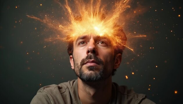 Man with exploding head, sparks flying, deep thought. Creative idea surge, brilliant concept, brain power unleash. Problem solving, mental breakthrough, inspiration.