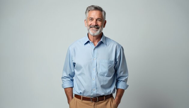 Mature man with gray hair and beard smiles confidently. He wears a light blue collared shirt and tan trousers. Man stands with hands in pockets against a plain gray background.