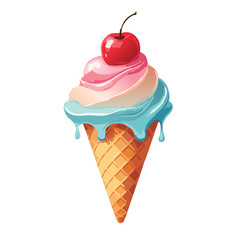Floating Illustrative anime icecream slightly melted with cherry on top. Bright colors and fun. on white simple background