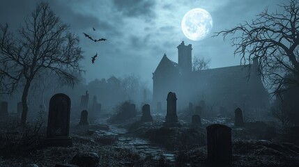 Haunted graveyard with glowing full moon and flying birds across foggy dark night, surrounded by tombstones and bare trees, symbolizing creepy atmosphere, Halloween gothic supernatural mystery, death