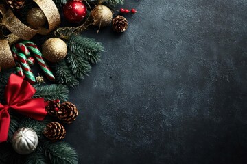 Festive christmas garland with red ribbon baubles pinecones and candy canes on a dark textured background