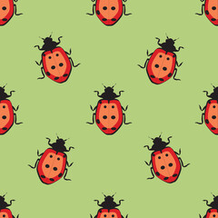 Ladybugs, funny seamless pattern on green background. For children clothes, fabrics, wrapping paper. Raster