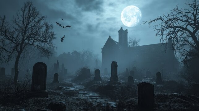 Haunted graveyard with glowing full moon and flying birds across foggy dark night, surrounded by tombstones and bare trees, symbolizing creepy atmosphere, Halloween gothic supernatural mystery, death
