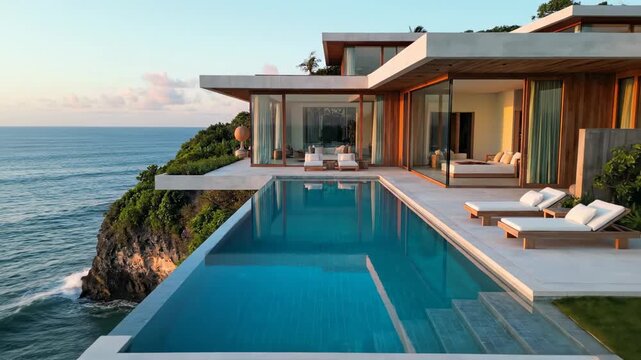Luxurious oceanfront villa with stunning infinity pool at sunset