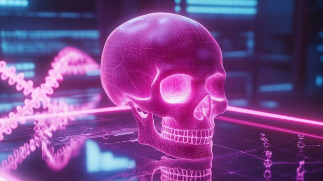 Futuristic pink holographic skull glowing in neon light, symbolizing artificial intelligence, science, and technology, representing anatomy, innovation, and virtual design in modern cyber concept