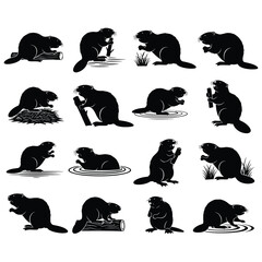 Beaver silhouettes collection: active rodents working, playing, and swimming Vector