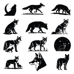 Collection of wild canid silhouettes, featuring wolves and coyotes in various poses. Vector