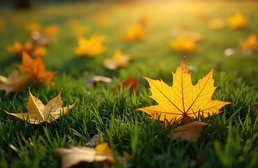 Yellow maple leaves rest on green grass during sunny autumn day. Fallen foliage creates natural ground cover, signifying seasonal change. Bright sunlight illuminates dry leaf texture.