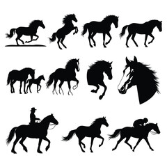 Collection of dynamic horse and pony silhouettes with riders, running, and rearing Vector