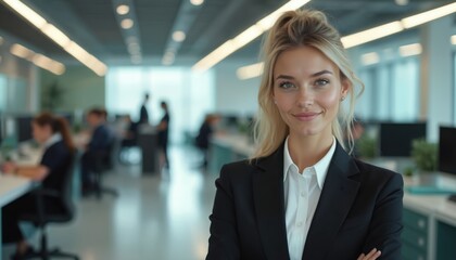 Attractive businesswoman in black suit, white shirt faces camera confidently. Stands before row of customer service desks within modern office environment. Image conveys professionalism competence,
