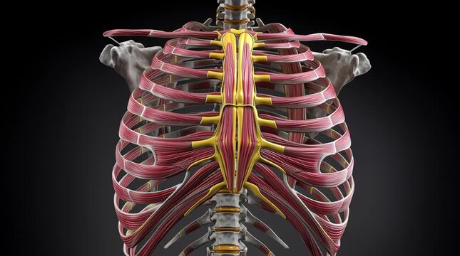 Anatomical rendering of a human ribcage with muscles and spinal column