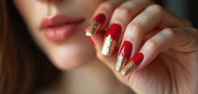Woman hand with red nail polish and gold glitter tips. Female fingers with perfect manicure near lips. Closeup shot, beauty care concept, glamour style. - Powered by Adobe