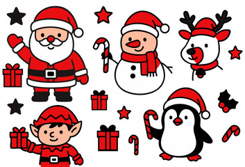 Cute Christmas Characters Vector Set with Santa, Snowman, Reindeer, Elf, and Penguin in Red and Black