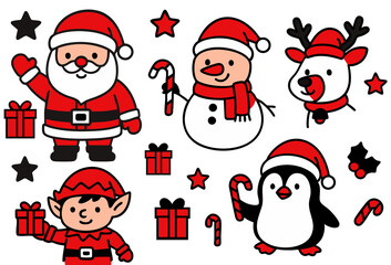 Cute Christmas Characters Vector Set with Santa, Snowman, Reindeer, Elf, and Penguin in Red and Black