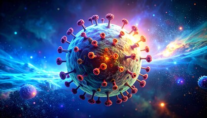 A detailed microscopic view of a glowing spherical virus with vibrant surface proteins, set against a hazy cosmic backdrop as a mysterious flu outbreak emerges and spreads.