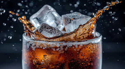 Close up of a glass filled with dark liquid ice cubes and splashing creating a refreshing scene drink