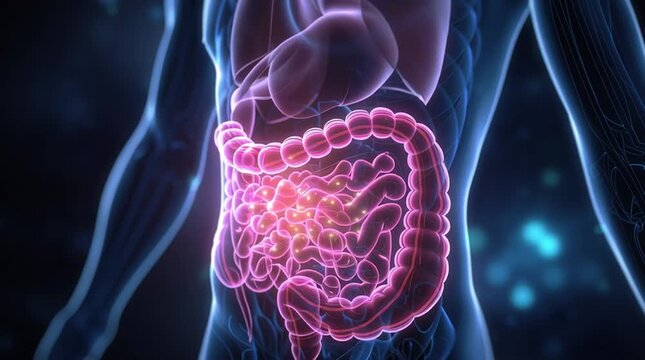 Human anatomy showing digestive system with intestines and other organs