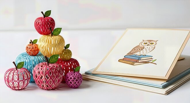 Colorful woven apple decorations forming a pyramid, alongside greeting cards featuring a wise owl perched on a stack of books, symbolizing knowledge and appreciation for educators.