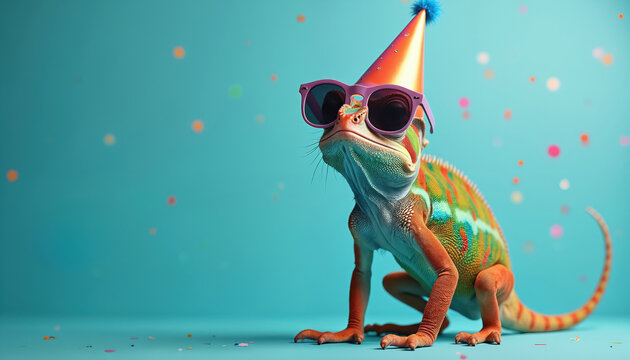 A stylish chameleon wears party hat sunglasses on a blue background. The colorful reptile celebrates a birthday event. Funny animal character portrait for creative design and print.