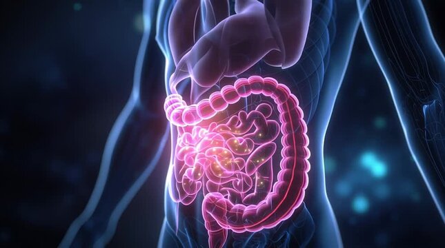 Human body with digestive system anatomy in pink and blue illustration