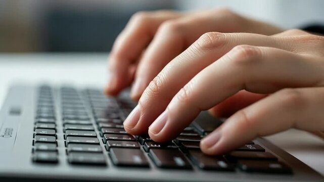 Typing quickly on a modern laptop keyboard, fingers flying across the keys for fast, efficient work, professional office environment, coding or writing