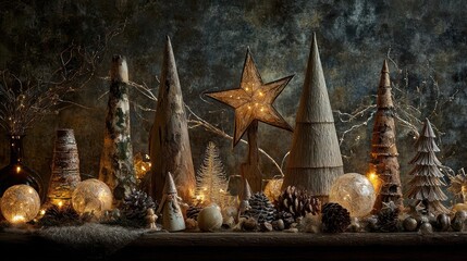 Enchanting collection of rustic handmade christmas trees and ornaments illuminated by warm glowing lights