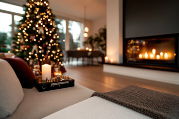 An elegant living room, featuring a Christmas tree with delicate lights and a modern fireplace, creating a soft glow that invites warmth and togetherness during the festive season.