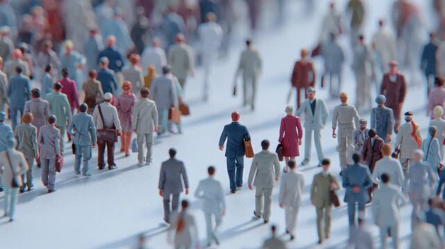 Stream of toy-like commuter figures moving in tight formation through minimalist urban environment, photographed with selective focus on leading figures.
