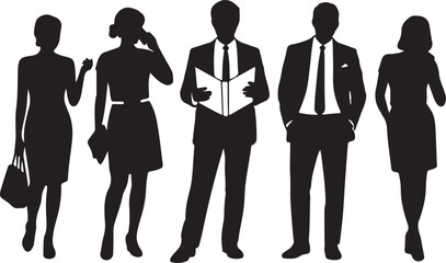 Silhouette of diverse business professionals show executive presence, office environment, and company collaboration
