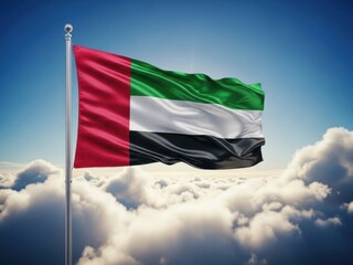 Waving flag of the united arab emirates proudly displayed on a flagpole against a bright blue sky with white clouds below