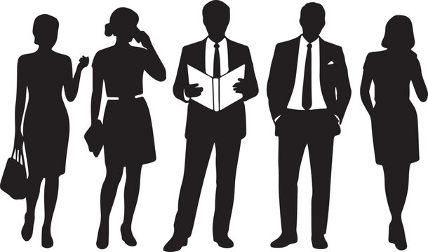 Silhouette of diverse business professionals show executive presence, office environment, and company collaboration