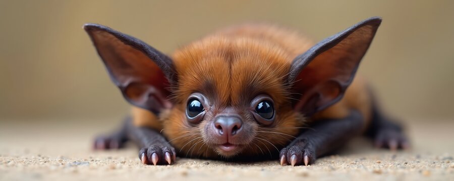 Close up photo of cute bat. Adorable brown bat illustration with big eyes. Portrait of mammal shows its large ears and tiny claws. Little bat rests on sand.