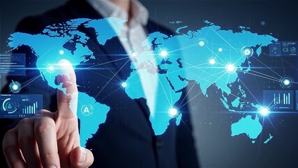 Global Network - Businessman Interacting with World Map Data Visualization Representing International Business & Connectivity.

 - Powered by Adobe