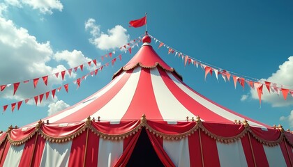Giant red and white striped circus tent under a bright blue sky with fluffy clouds. Festive pennant flags hang around the tent top adding a sense of excitement and anticipation for a fun event.